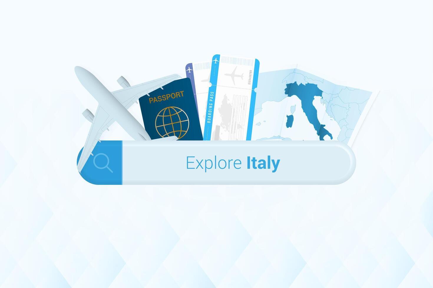 Searching tickets to Italy or travel destination in Italy. Searching bar with airplane, passport, boarding pass, tickets and map. vector