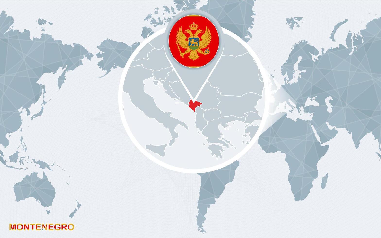 World map centered on America with magnified Montenegro. vector