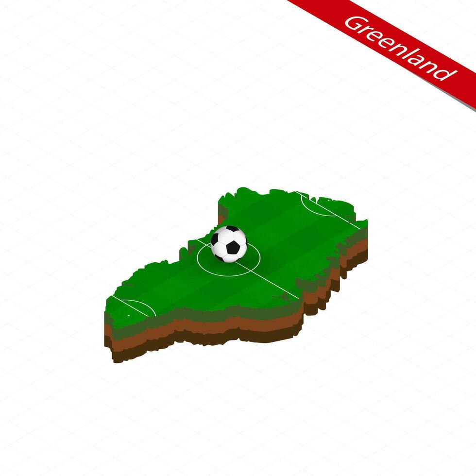 Isometric map of Greenland with soccer field. Football ball in center of football pitch. vector