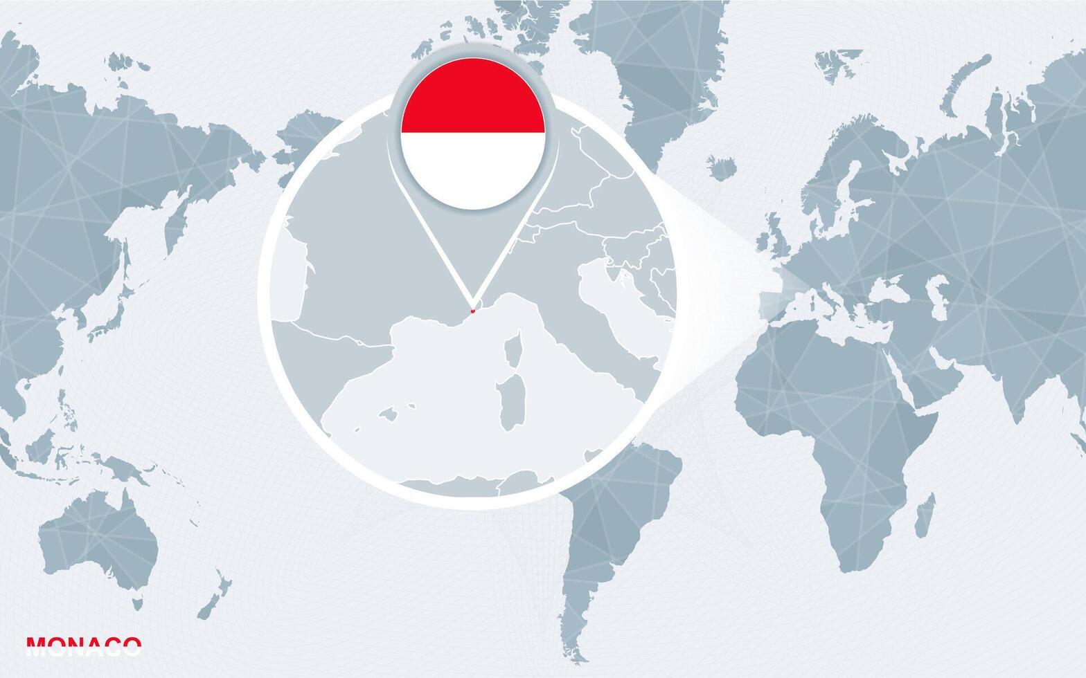 World map centered on America with magnified Monaco. vector