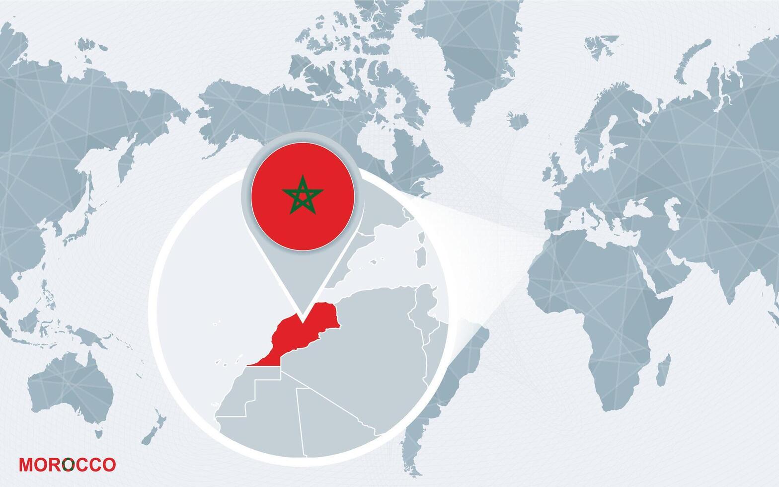 World map centered on America with magnified Morocco. vector