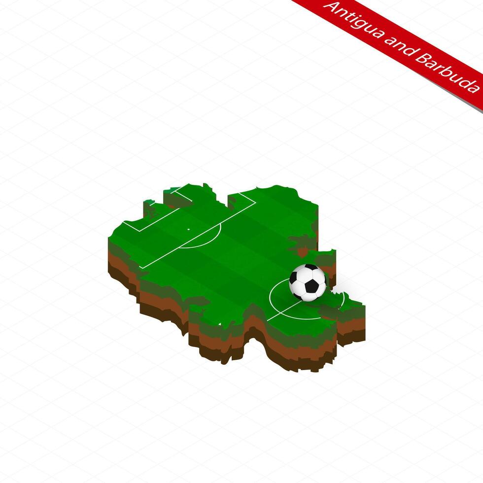 Isometric map of Antigua and Barbuda with soccer field. Football ball in center of football pitch. vector