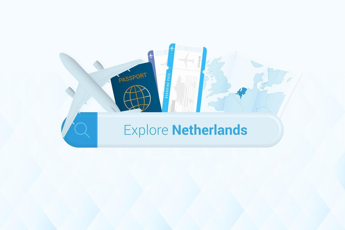 Searching tickets to Netherlands or travel destination in Netherlands. Searching bar with airplane, passport, boarding pass, tickets and map. vector