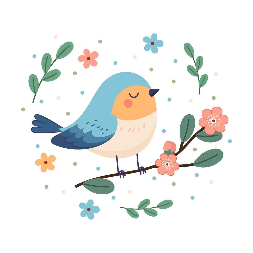 Cute bird on a branch with decorative elements in flat style. Spring bird on a flowering branch. Decorative elements on a white background. vector