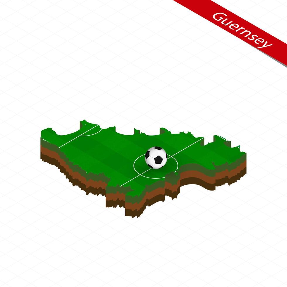 Isometric map of Guernsey with soccer field. Football ball in center of football pitch. vector