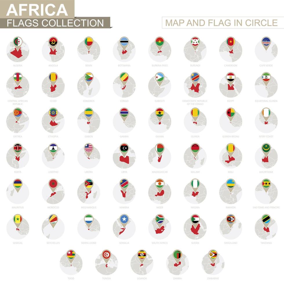 mapa y bandera en círculo, África países recopilación. vector