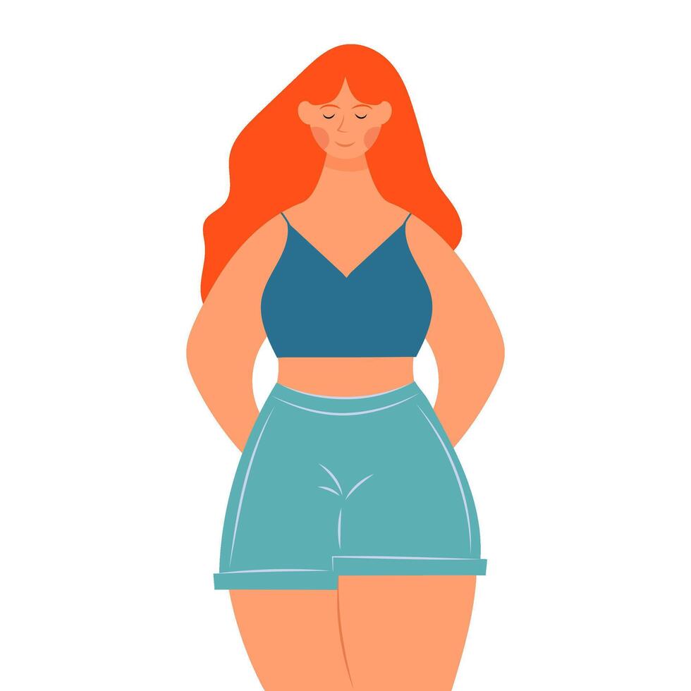 Portrait of a cute girl in shorts and a T-shirt on a white background. Beautiful red-haired woman in flat style. vector