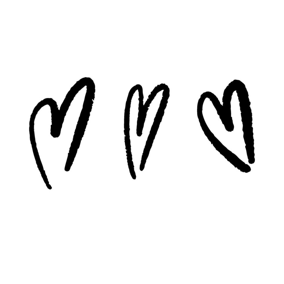 Set of contour hearts on a white background. Heart icons. Doodle hearts with textured outline. vector