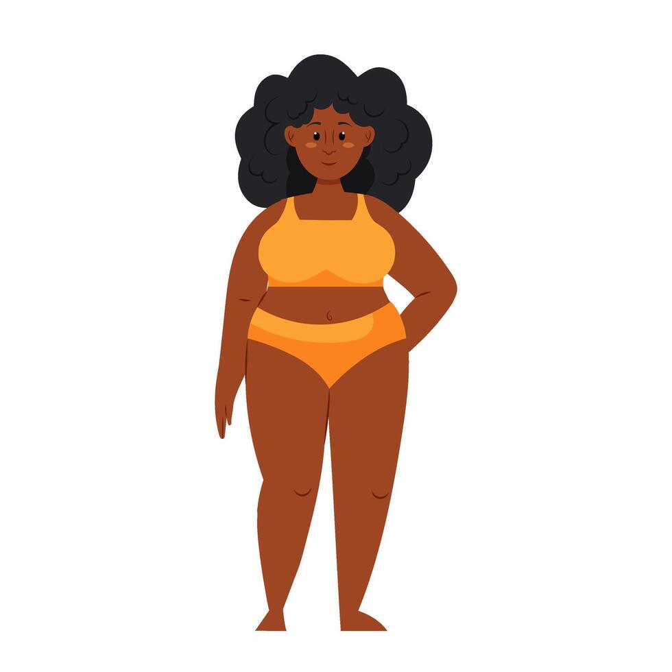 Dark-skinned girl in a yellow bikini on a white background. Beautiful curvy girl in flat style. vector