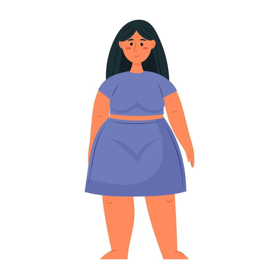 A girl with black hair stands in a suit of a skirt and a T-shirt in a flat style on a white background. A cute plump girl. vector