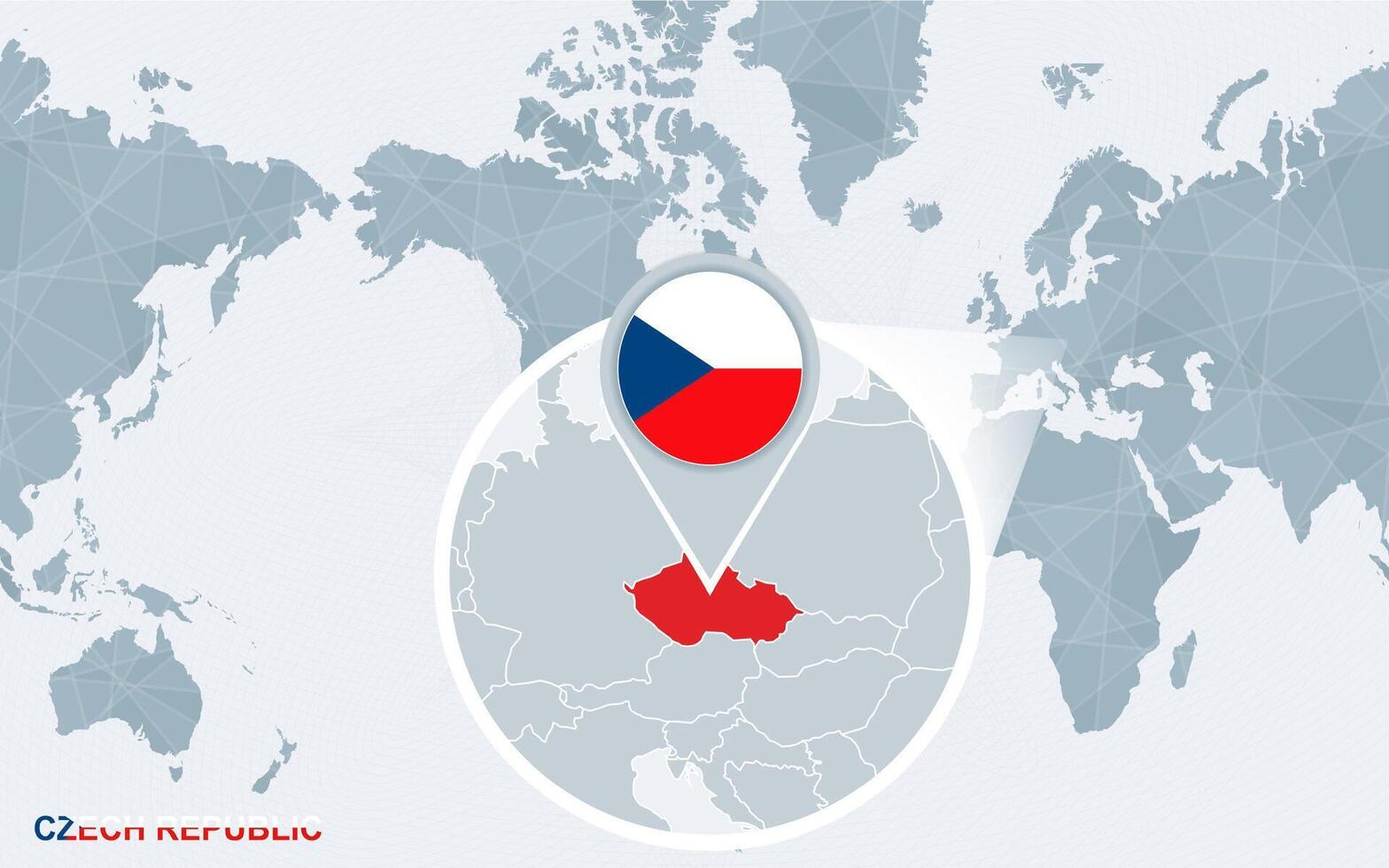 World map centered on America with magnified Czech Republic. vector