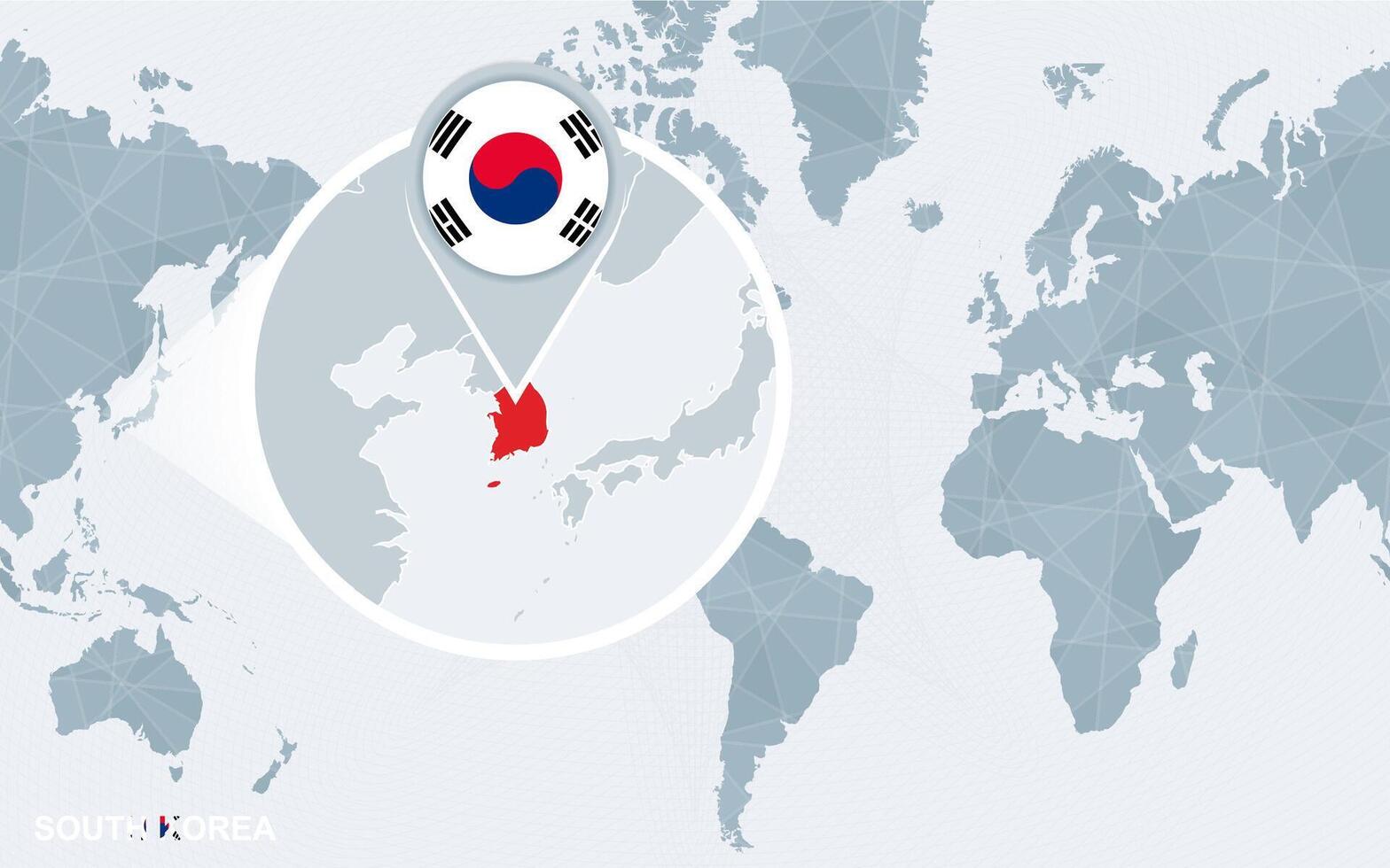 World map centered on America with magnified South Korea. vector