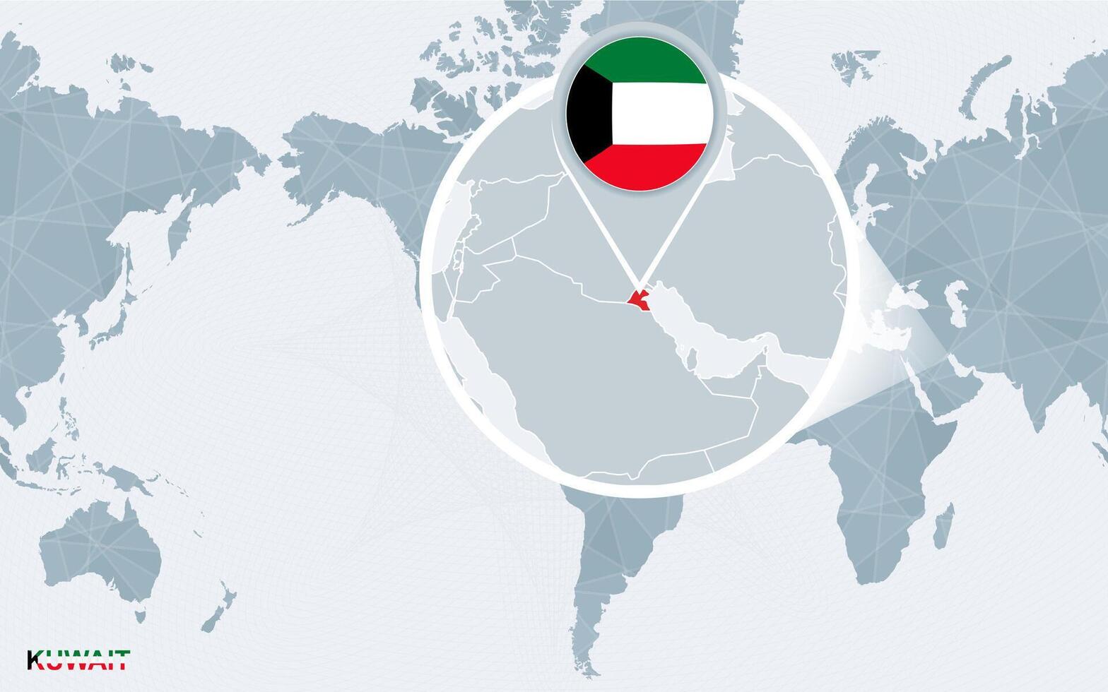 World map centered on America with magnified Kuwait. vector