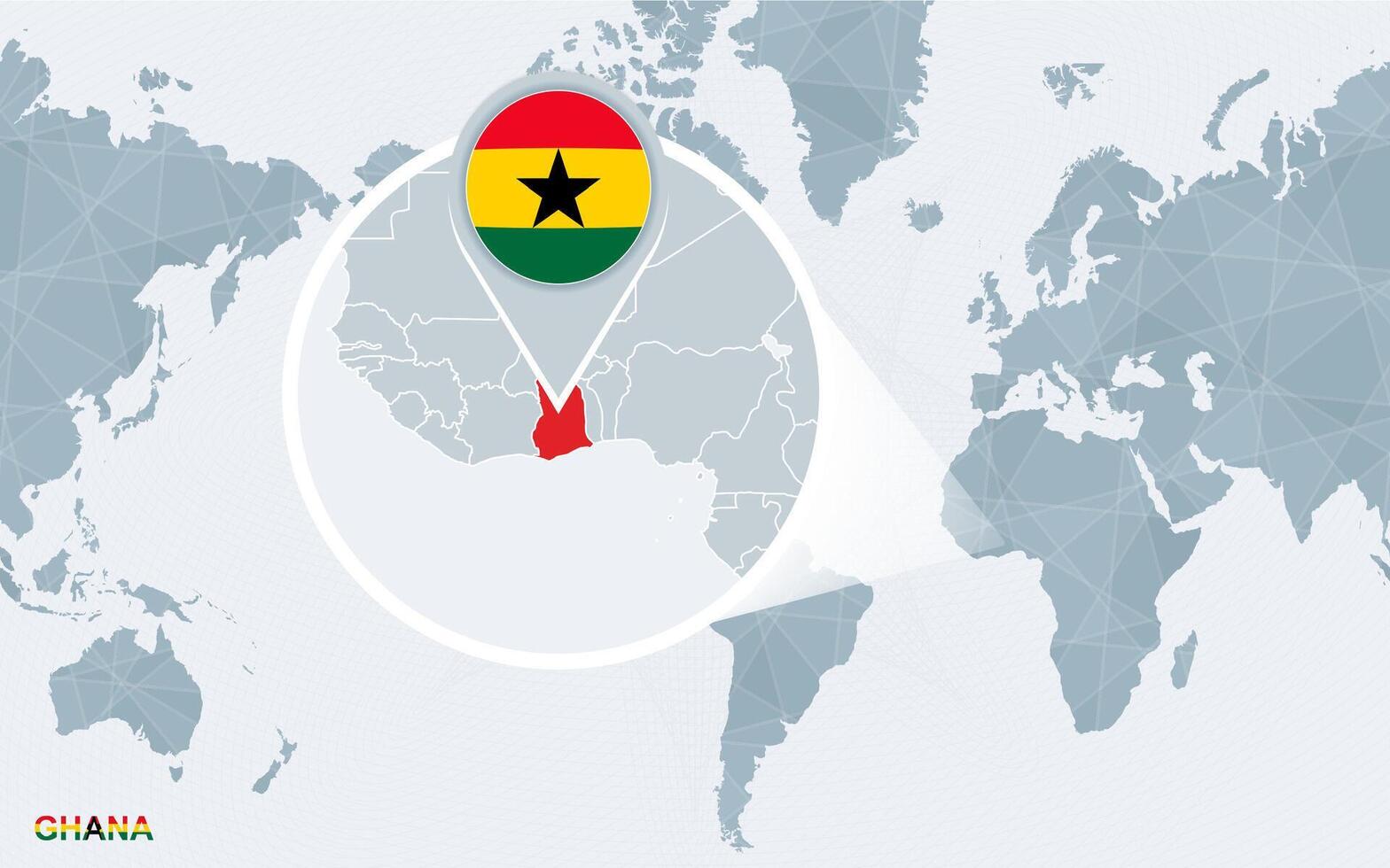 mundo mapa centrado en America con magnificado Ghana. vector