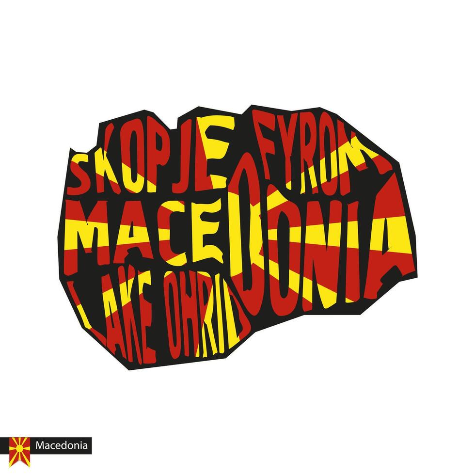 tipografía mapa silueta de macedonia en negro y bandera colores. vector