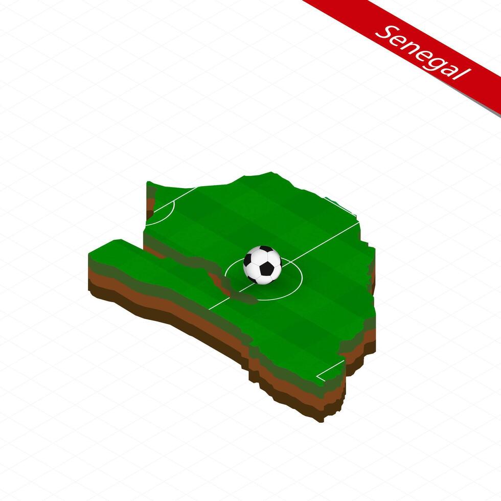 Isometric map of Senegal with soccer field. Football ball in center of football pitch. vector