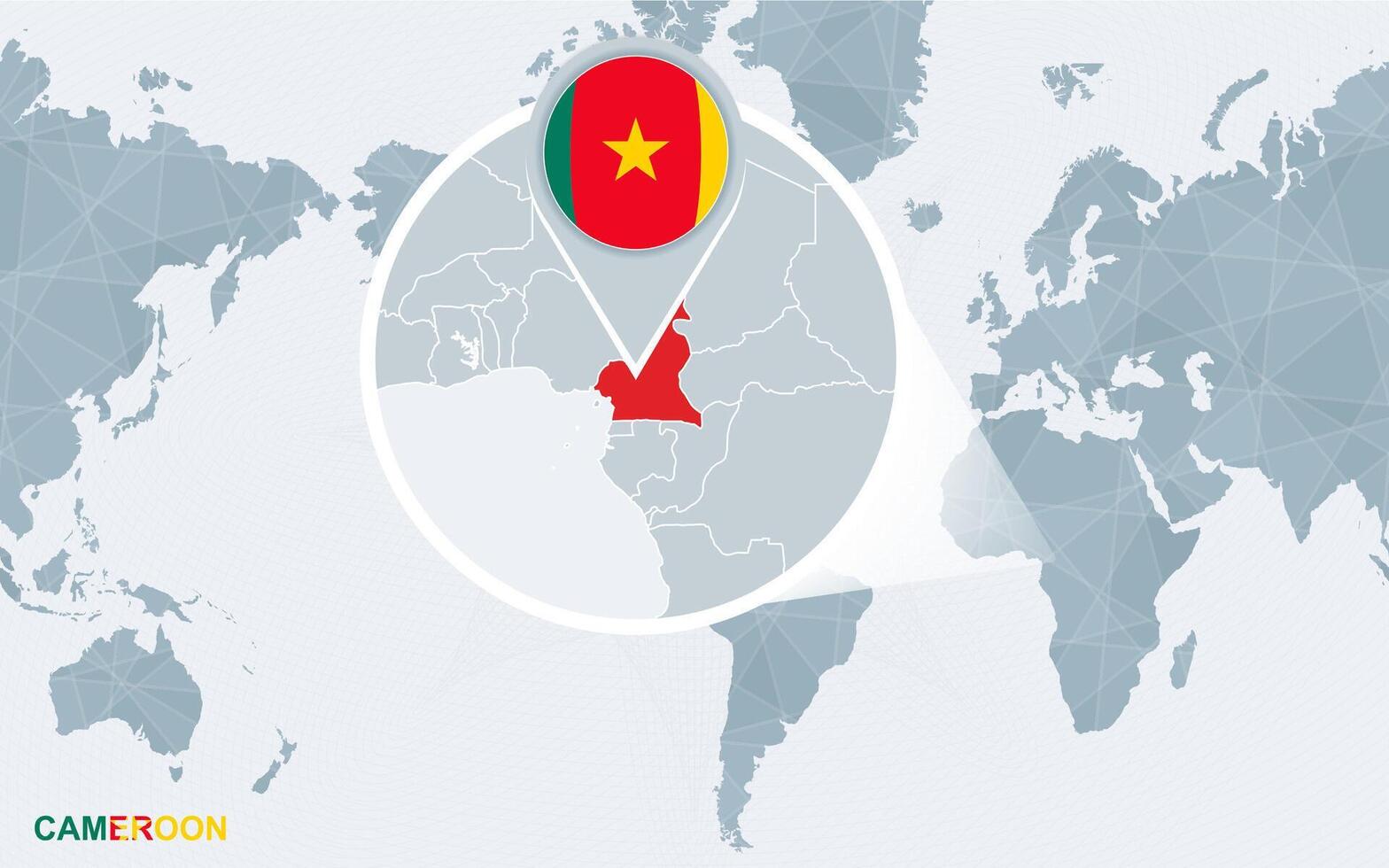World map centered on America with magnified Cameroon. vector