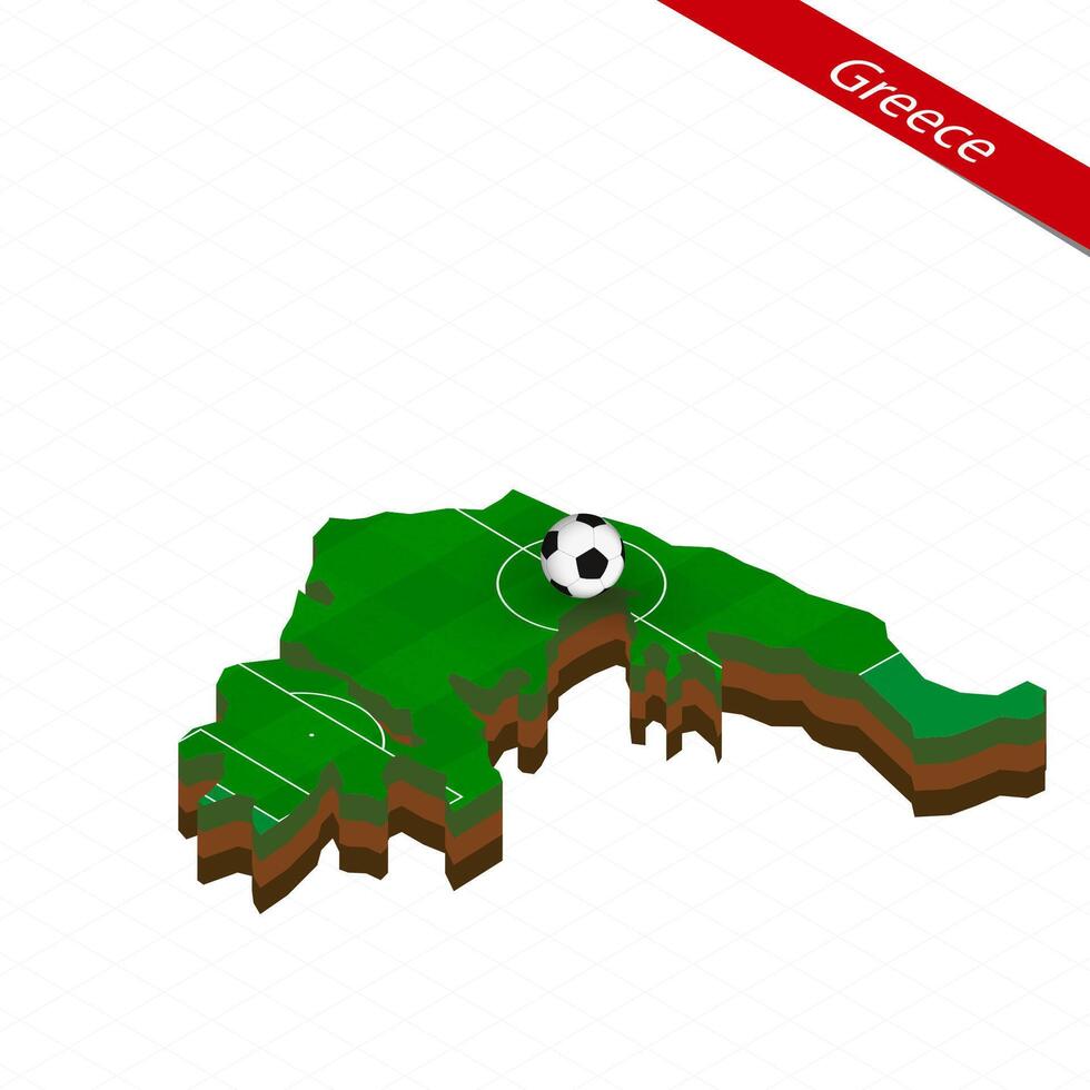 Isometric map of Greece with soccer field. Football ball in center of football pitch. vector