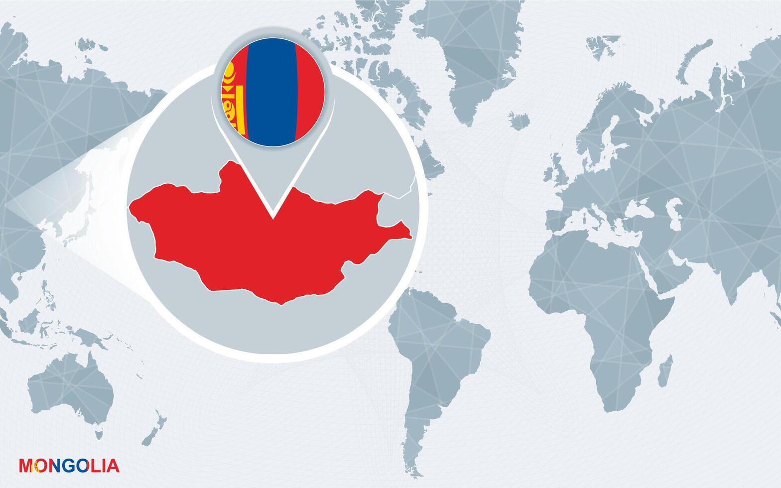 World map centered on America with magnified Mongolia. vector