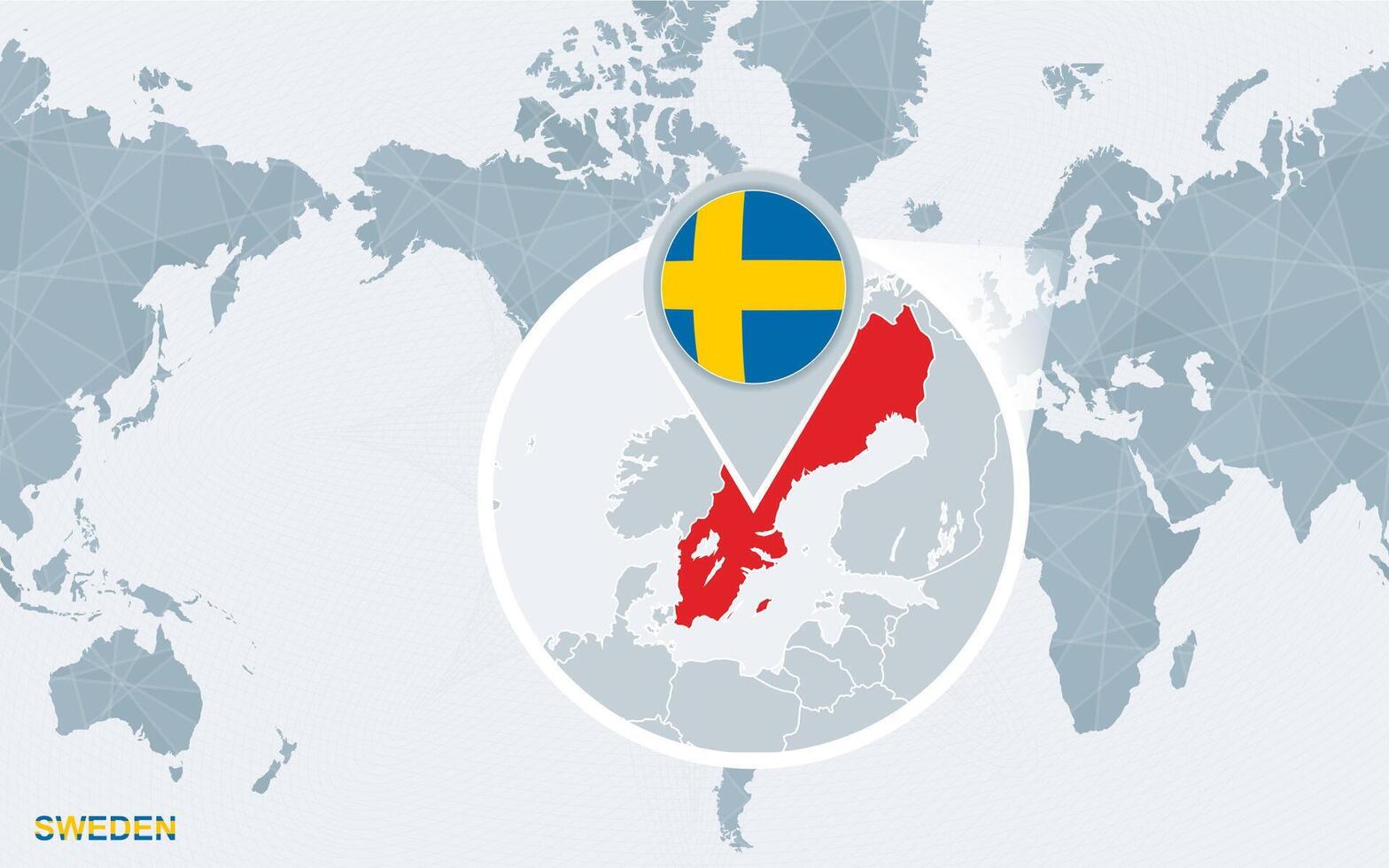 mundo mapa centrado en America con magnificado Suecia. vector
