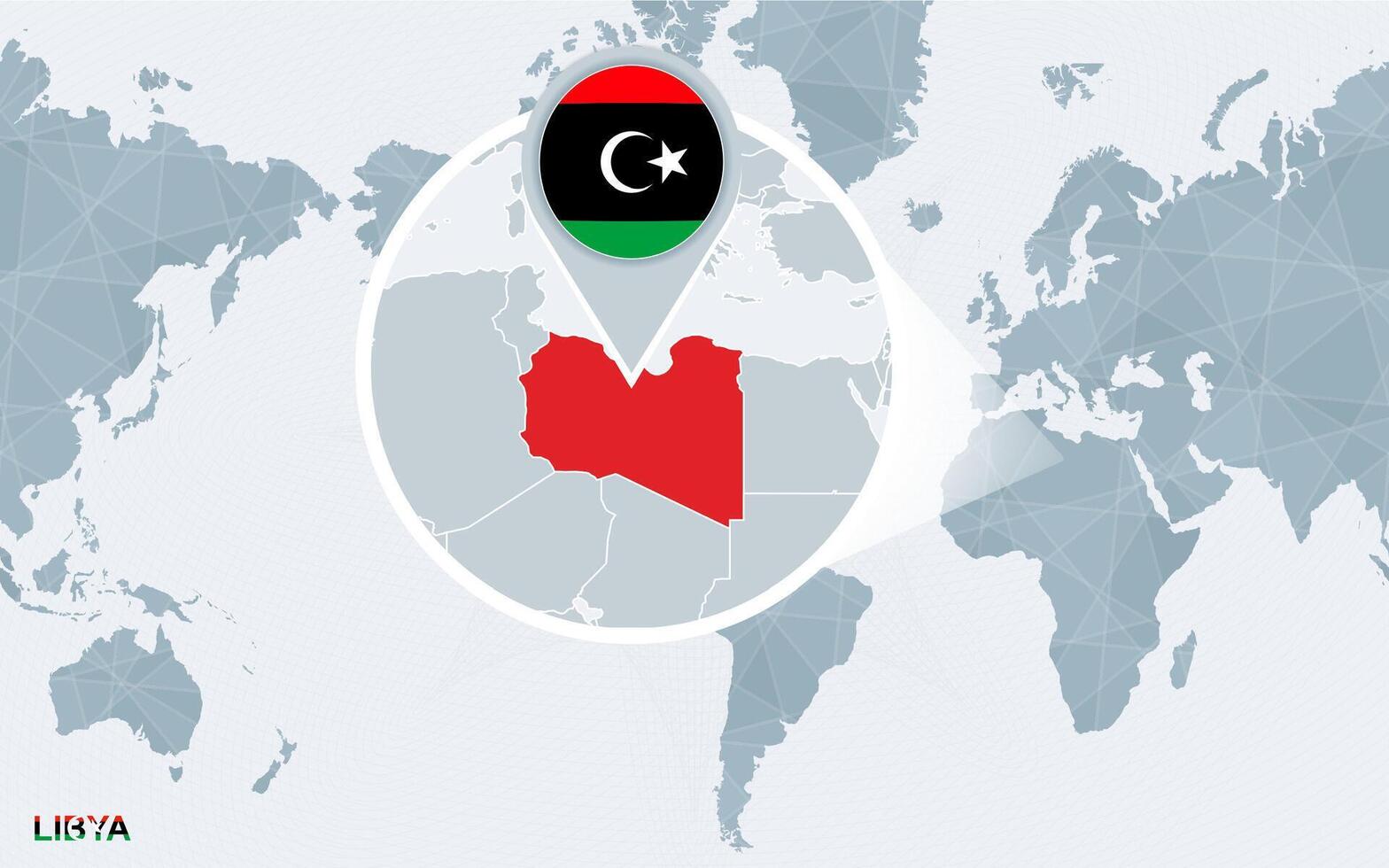 World map centered on America with magnified Libya. vector