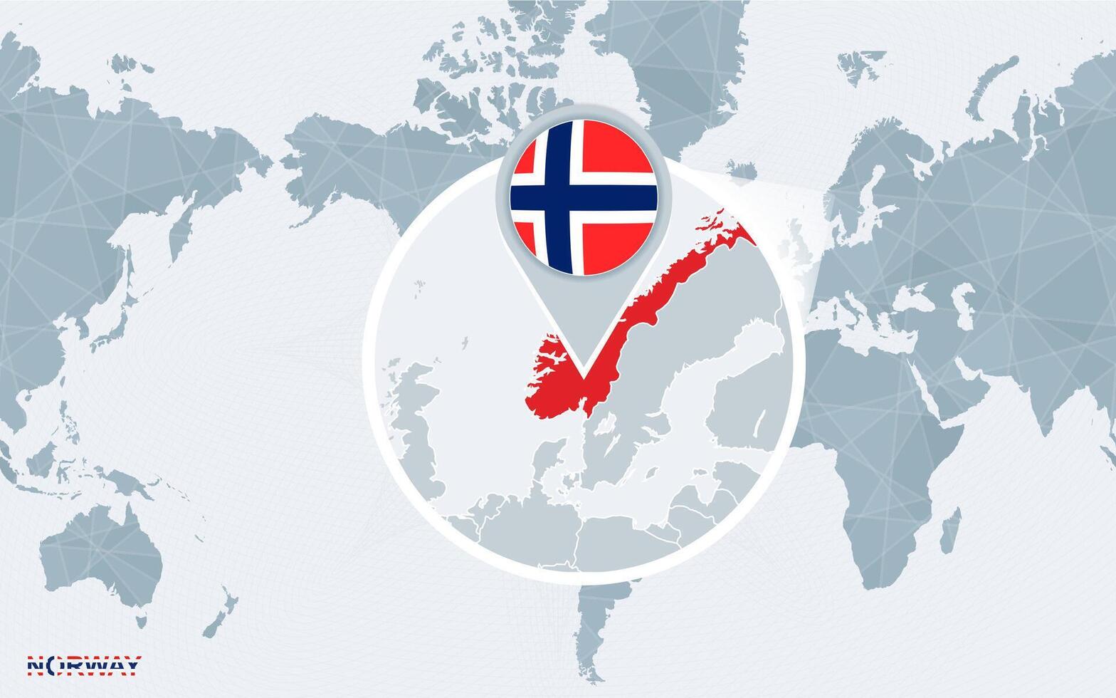 World map centered on America with magnified Norway. vector