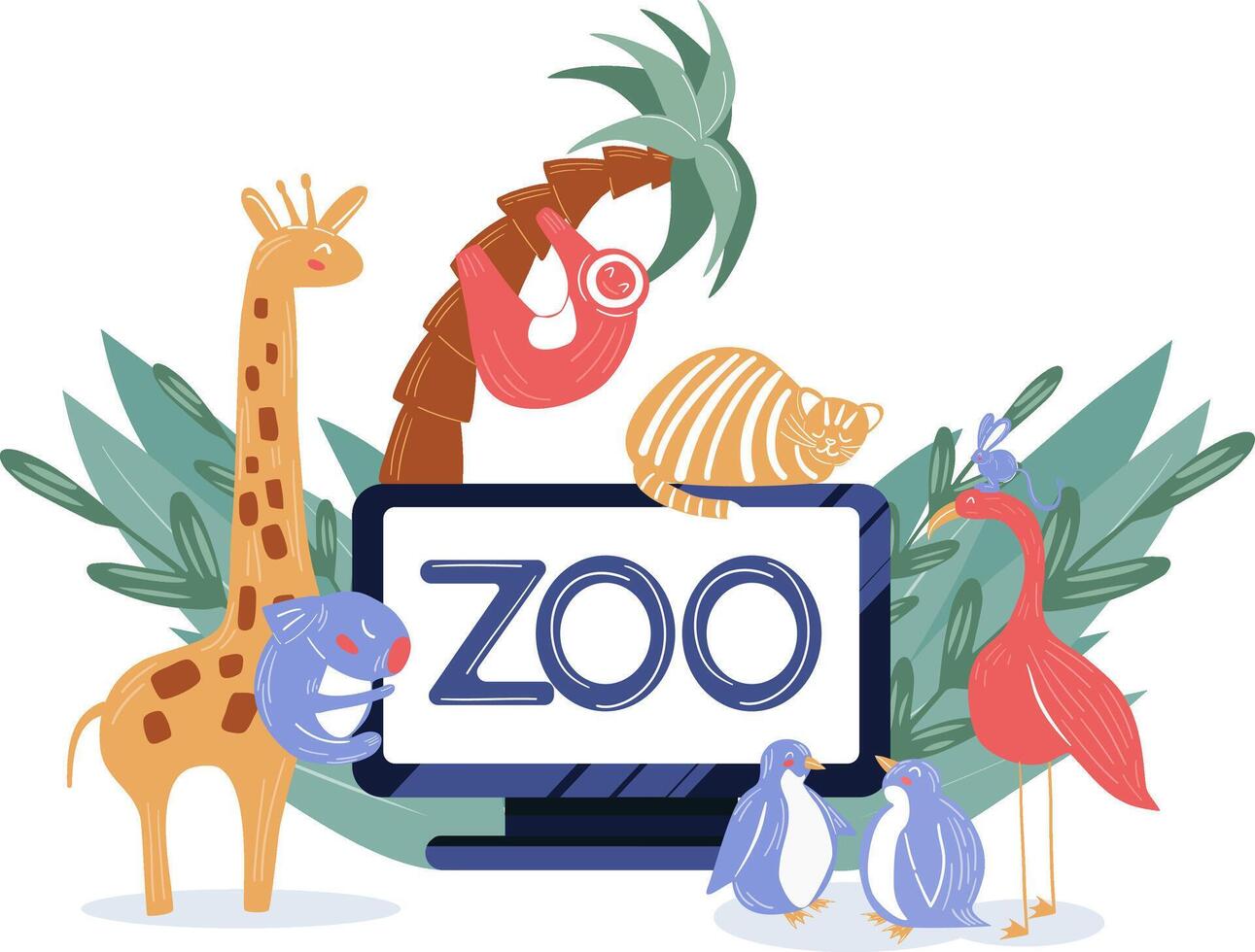 zoo en línea virtual excursión ilustración. animal En Vivo leva Traducción en ordenador portátil. safari dibujos animados web bandera aislado en blanco antecedentes. fauna silvestre parque web paisaje vector póster. animales panorama sitio.