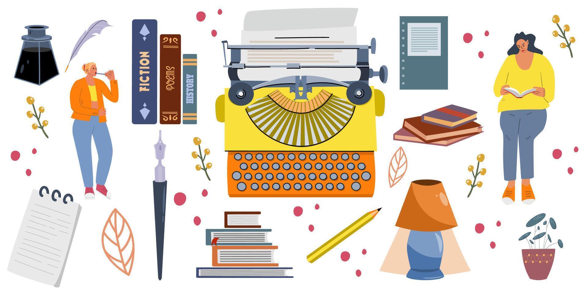 A set of illustrations of writing. Creation of books, articles and posts. Typewriter, books, ink and inkwell vector
