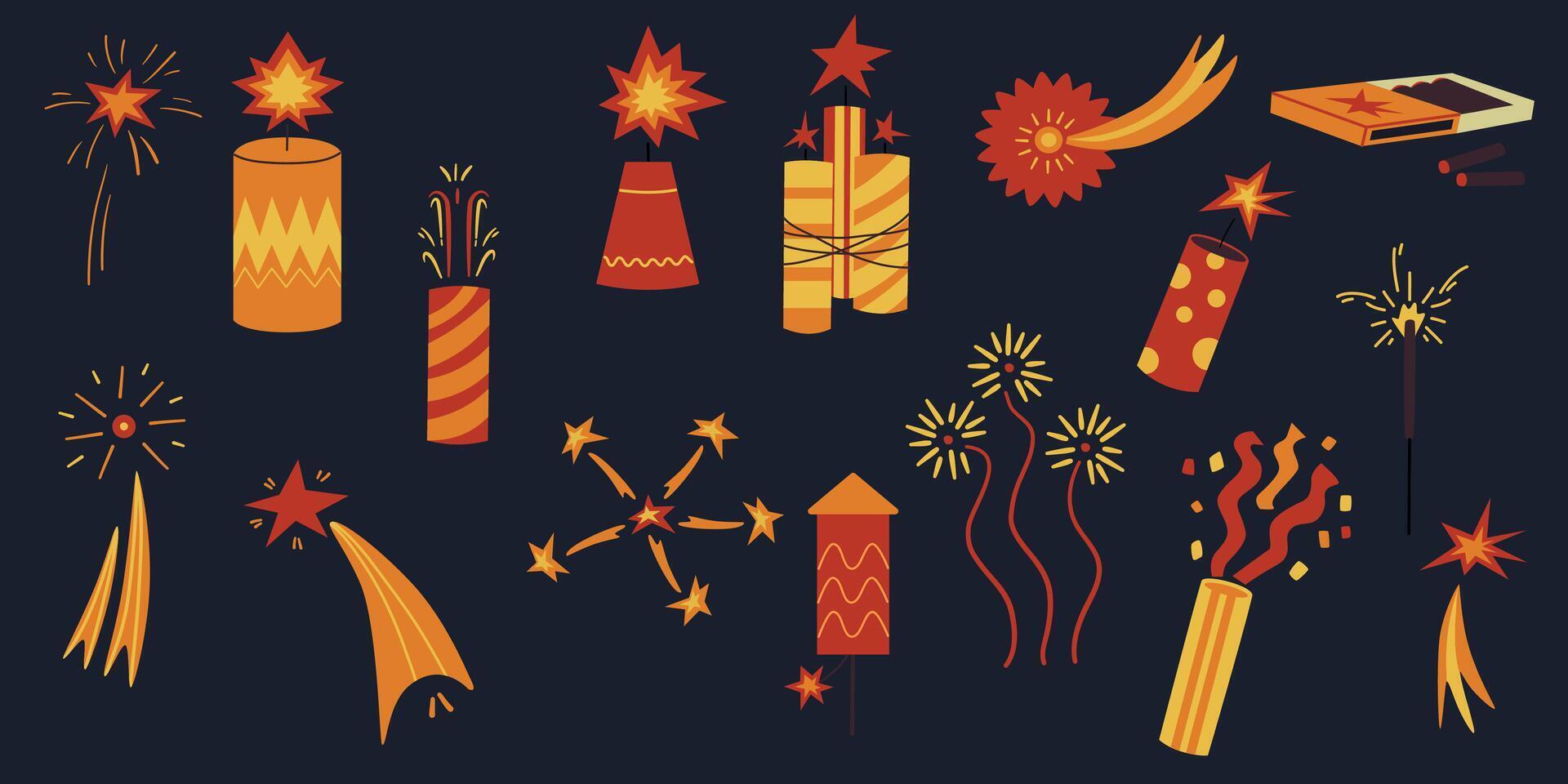 Fireworks rockets firecrackers bengal lights. Set Fireworks against dark background vector illustration. Concept for celebration, festival.