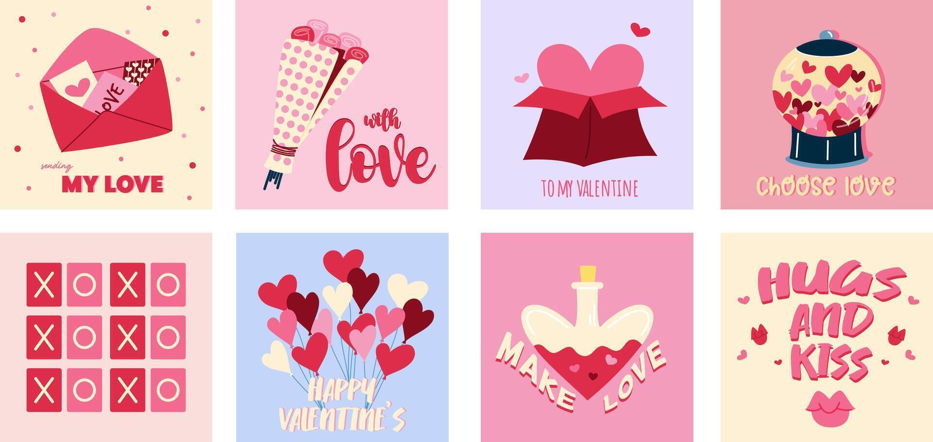 conjunto de San Valentín día saludo tarjetas con saludo letras y romántico elementos. contento San Valentín día. vector