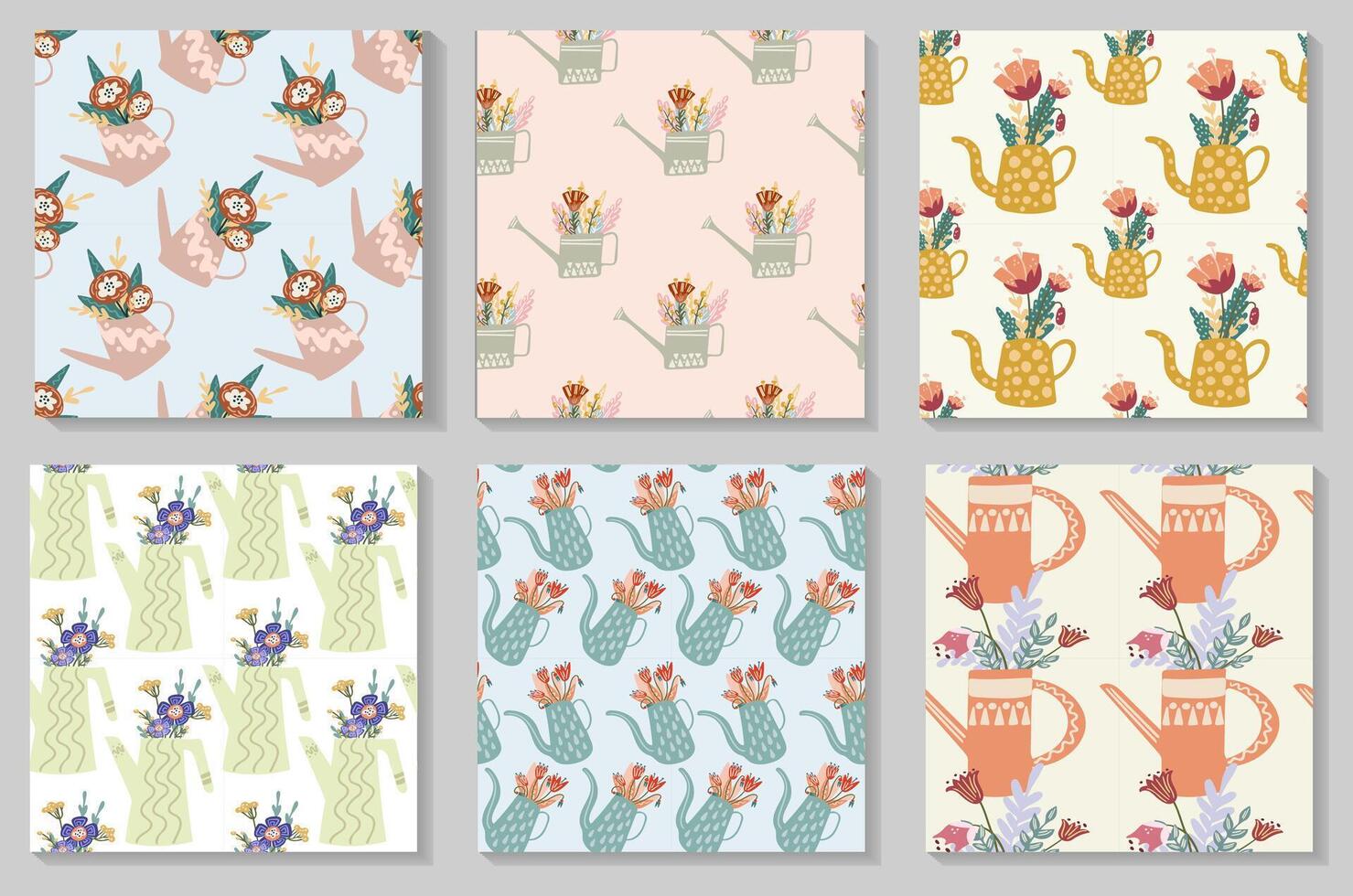 Seamless pattern set with watering can and flowers. For textiles, packaging, wallpaper. vector