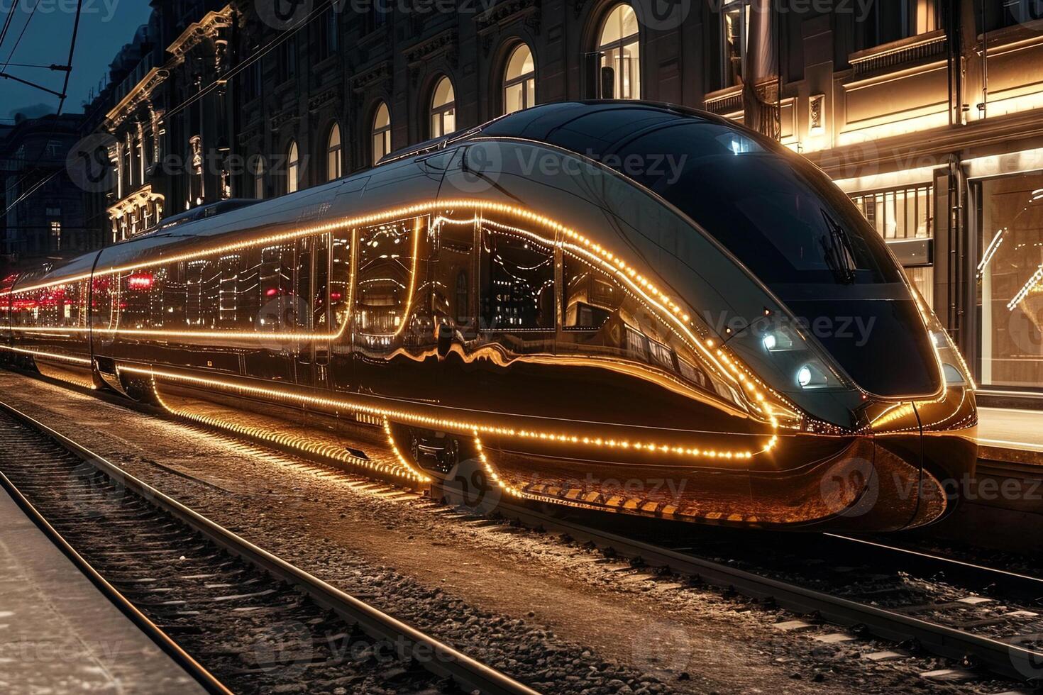 AI generated futuristic orient express train arriving in european capital city photo