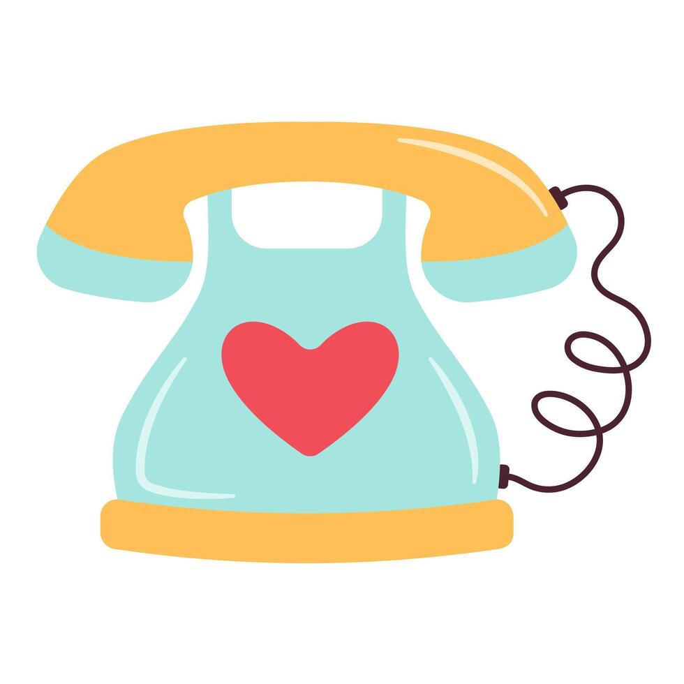Happy Valentine Retro phone with heart. Love message. Valentines day concept. Trendy flat vector illustration