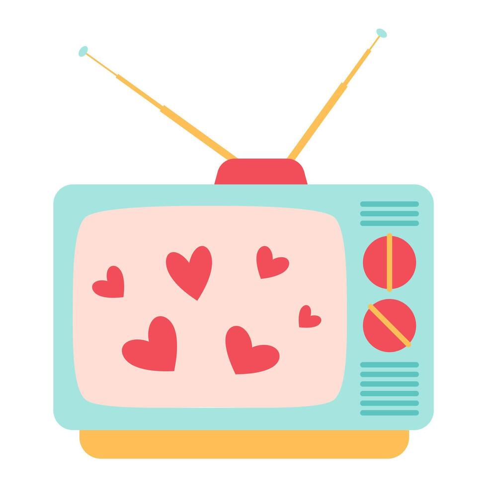 Happy Valentine tv. Romantic movie on TV. The hearts on the TV screen. Trendy flat vector illustration. Vector illustration