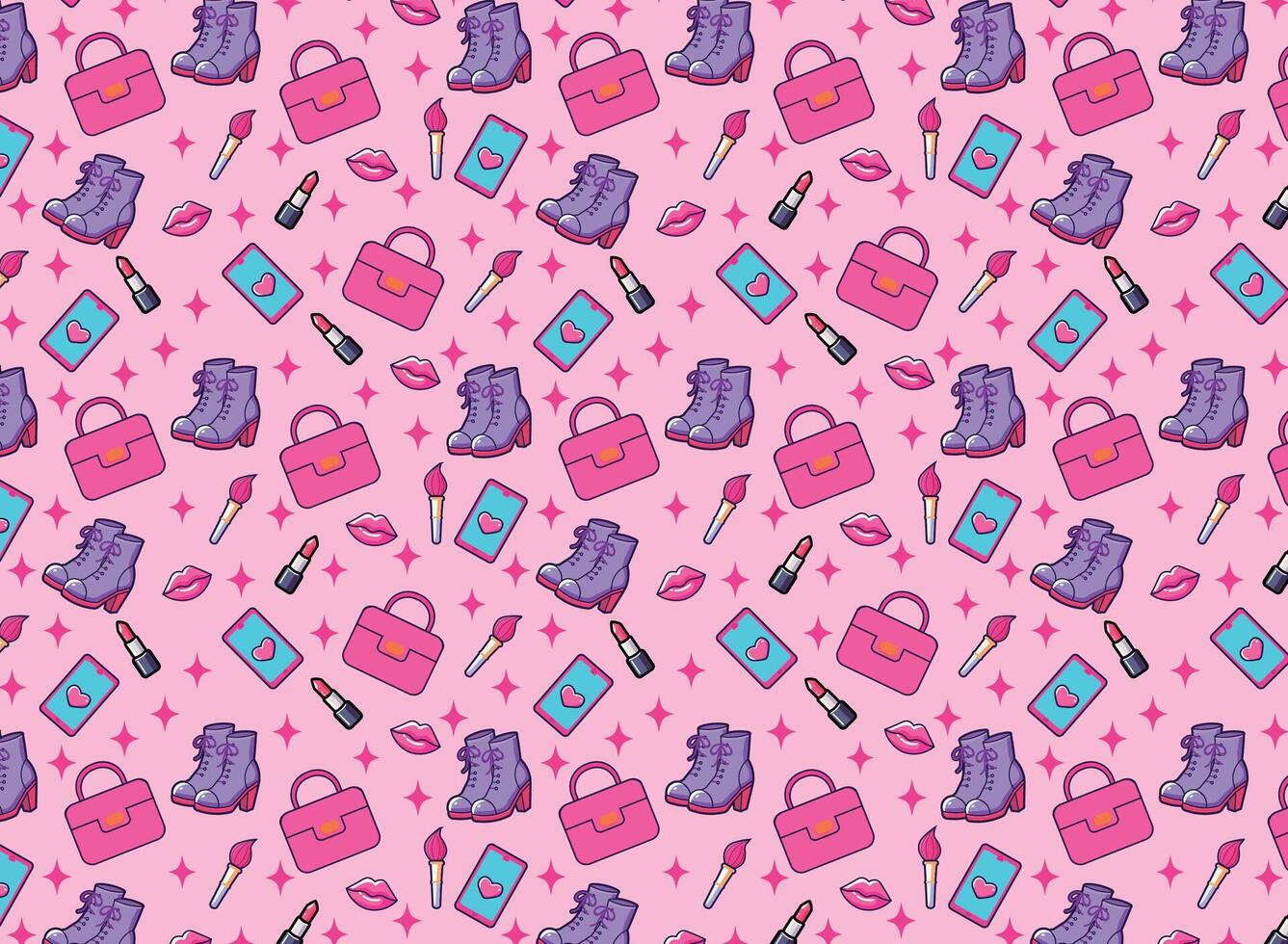 girl accessories, with boots, lipstick, phone, lipstick, makeup brush, notepad, pencil, pattern with girls accessories, vector illustration, for backgrounds and fabrics