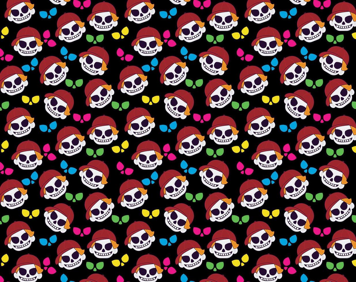 Boy with skull cap and mask smiling, vector pattern illustration