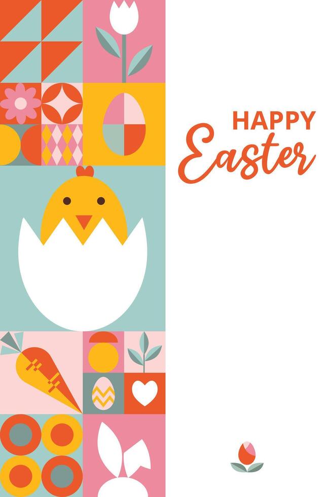 Layout festive card or poster, banner, cover for Happy Easter with text. Trendy design with geometric shapes. Icons with eggs, bunny, flowers, chicken. Bauhaus style. vector