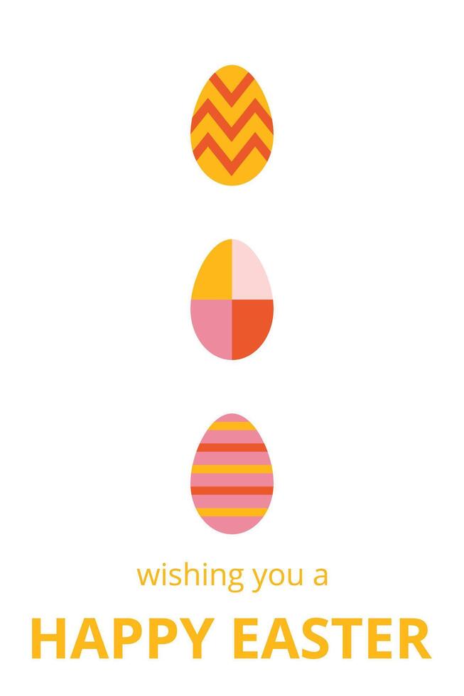 Trendy celebration poster for Happy Easter with typography. Design with three geometric shapes of colorful eggs. Bauhaus style. Template for card, poster, advertising, banner vector