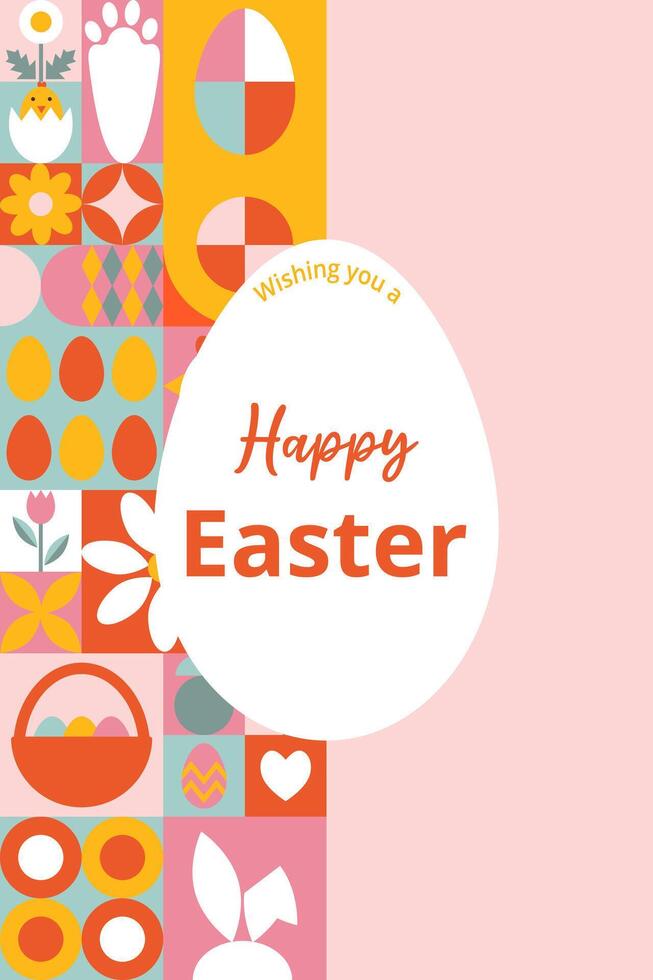 Template greeting card or poster, banner, cover for Happy Easter with text. Modern design with geometric shapes. Icons with eggs, bunny, flowers, chicken. Bauhaus style. vector
