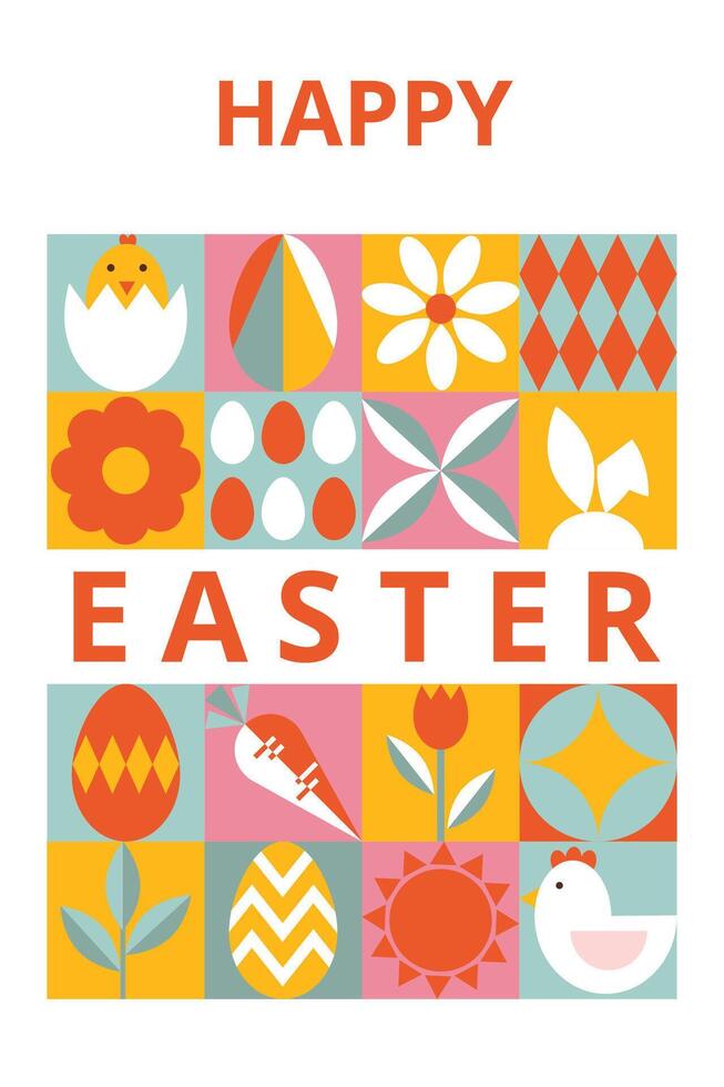 Geometric greeting card for Happy Easter with typography. Modern design with simple shapes. Icons with eggs, bunny, flowers, chicken. Bauhaus style. Template for card, poster, flyer, banner, cover vector