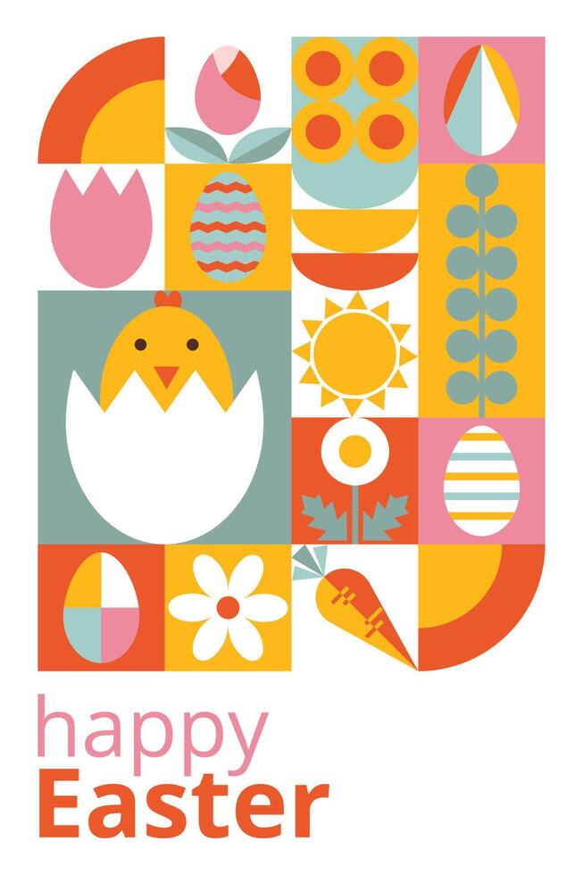 Geometric festive postcard for Happy Easter with typography. Trendy design with simple shapes. Icons with eggs, bunny, flowers, nestling. Bauhaus style. Template for card, poster, promotion, banner vector