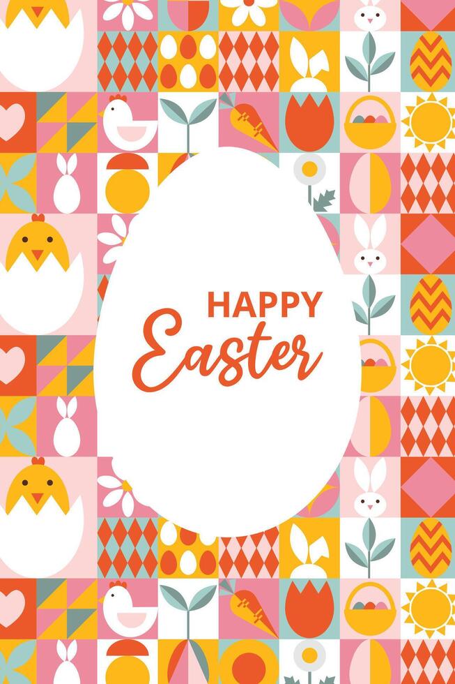 Modern greeting card for Happy Easter with text. Design with bright geometric background. Squares with eggs, bunny, flowers. Bauhaus style. Template for card, poster, flyer, banner, cover vector