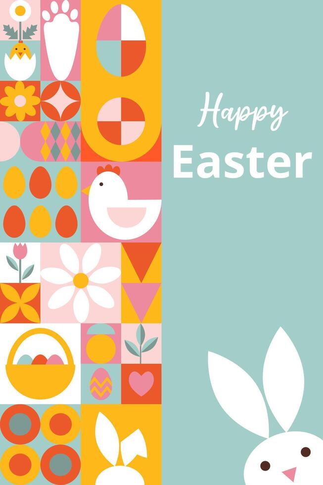 Bright festive card for Happy Easter. Minimalist design with simple geometric shapes with text. Bauhaus style. Template for card, poster, flyer, banner, cover vector