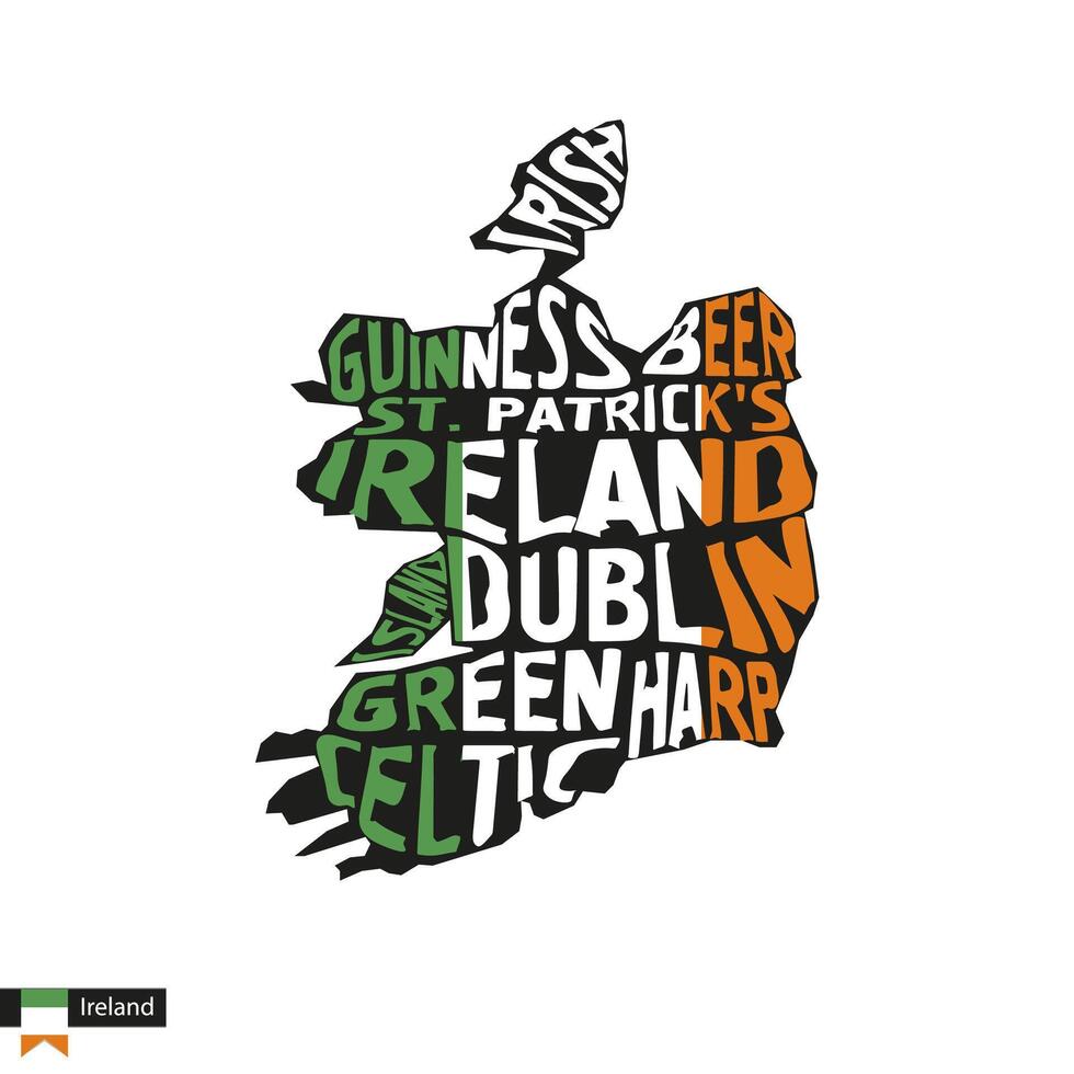 tipografía mapa silueta de Irlanda en negro y bandera colores. vector