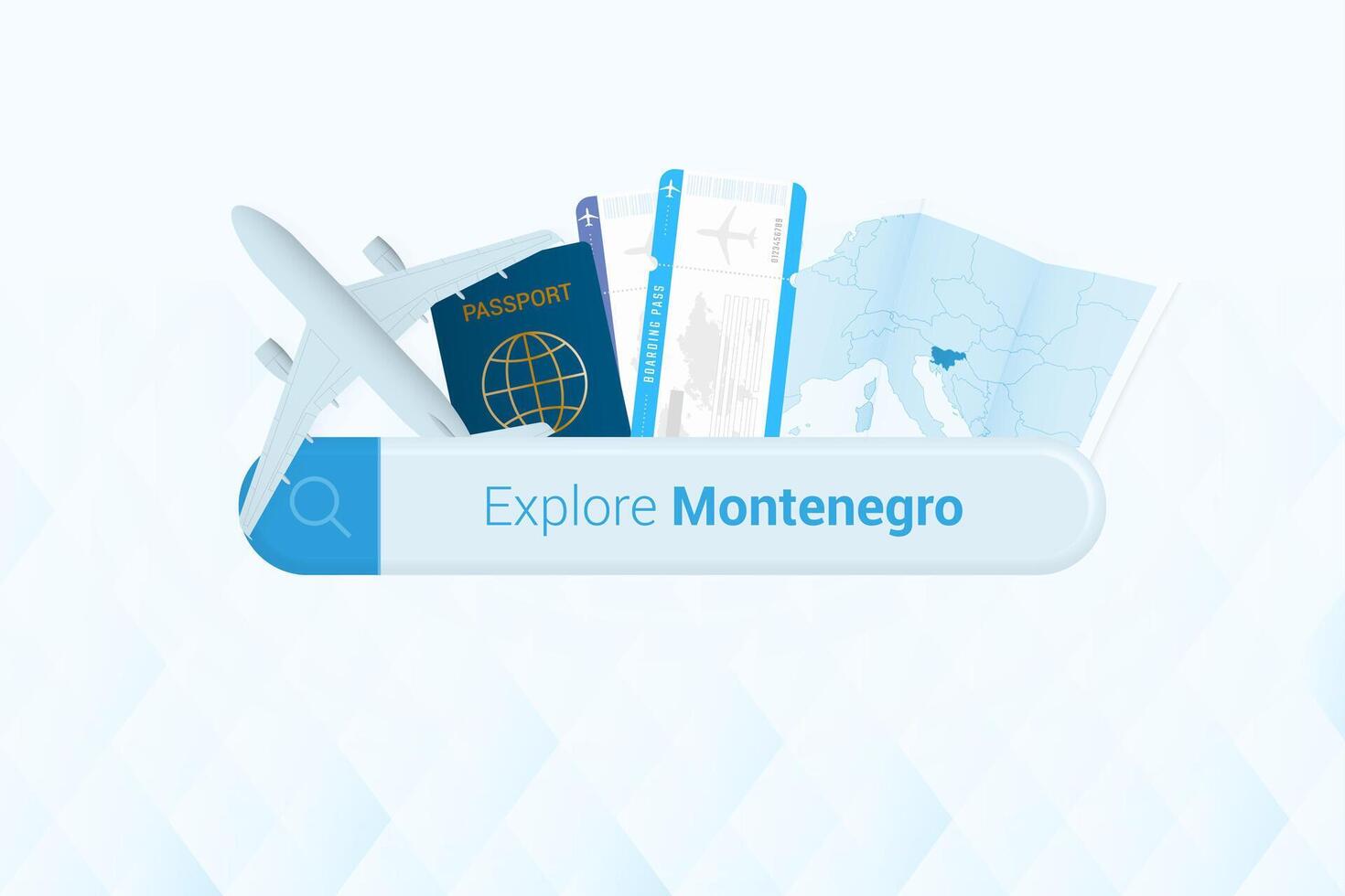 Searching tickets to Montenegro or travel destination in Montenegro. Searching bar with airplane, passport, boarding pass, tickets and map. vector