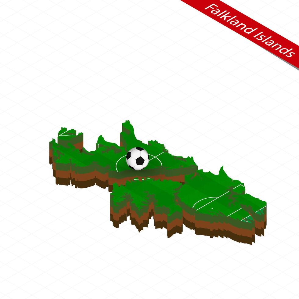 Isometric map of Falkland Islands with soccer field. Football ball in center of football pitch. vector