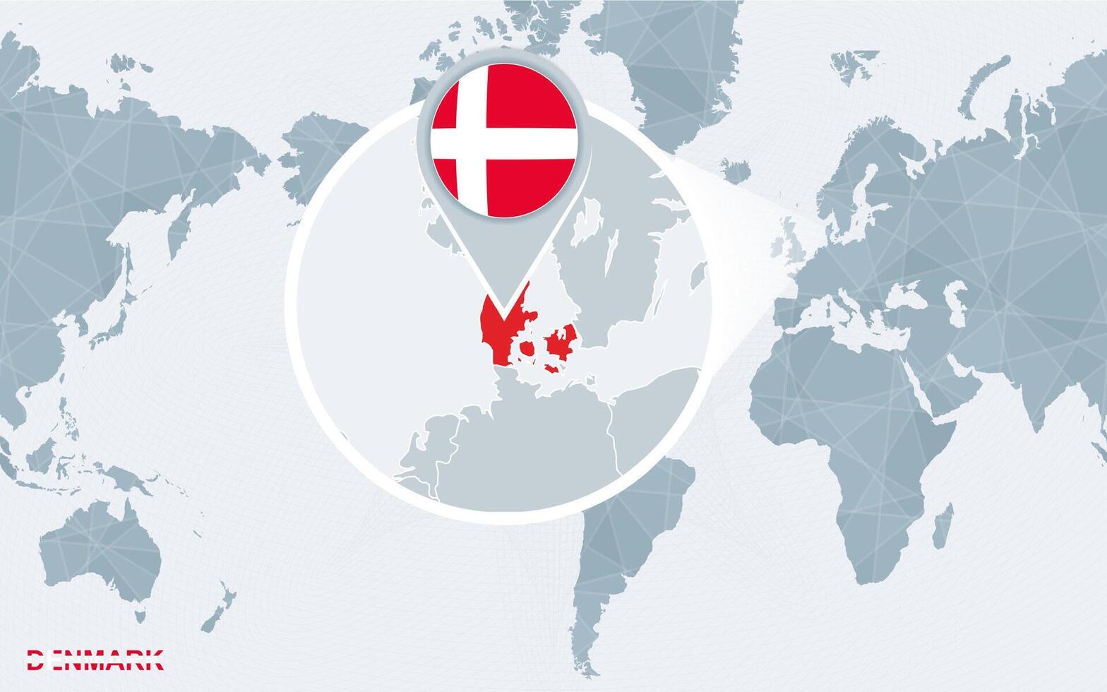 World map centered on America with magnified Denmark. vector
