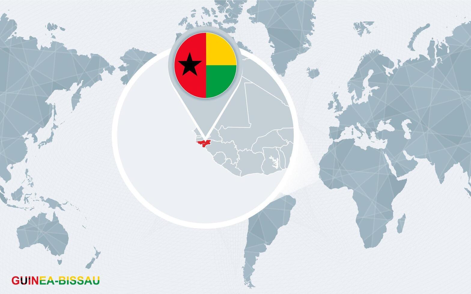 World map centered on America with magnified Guinea-Bissau. vector