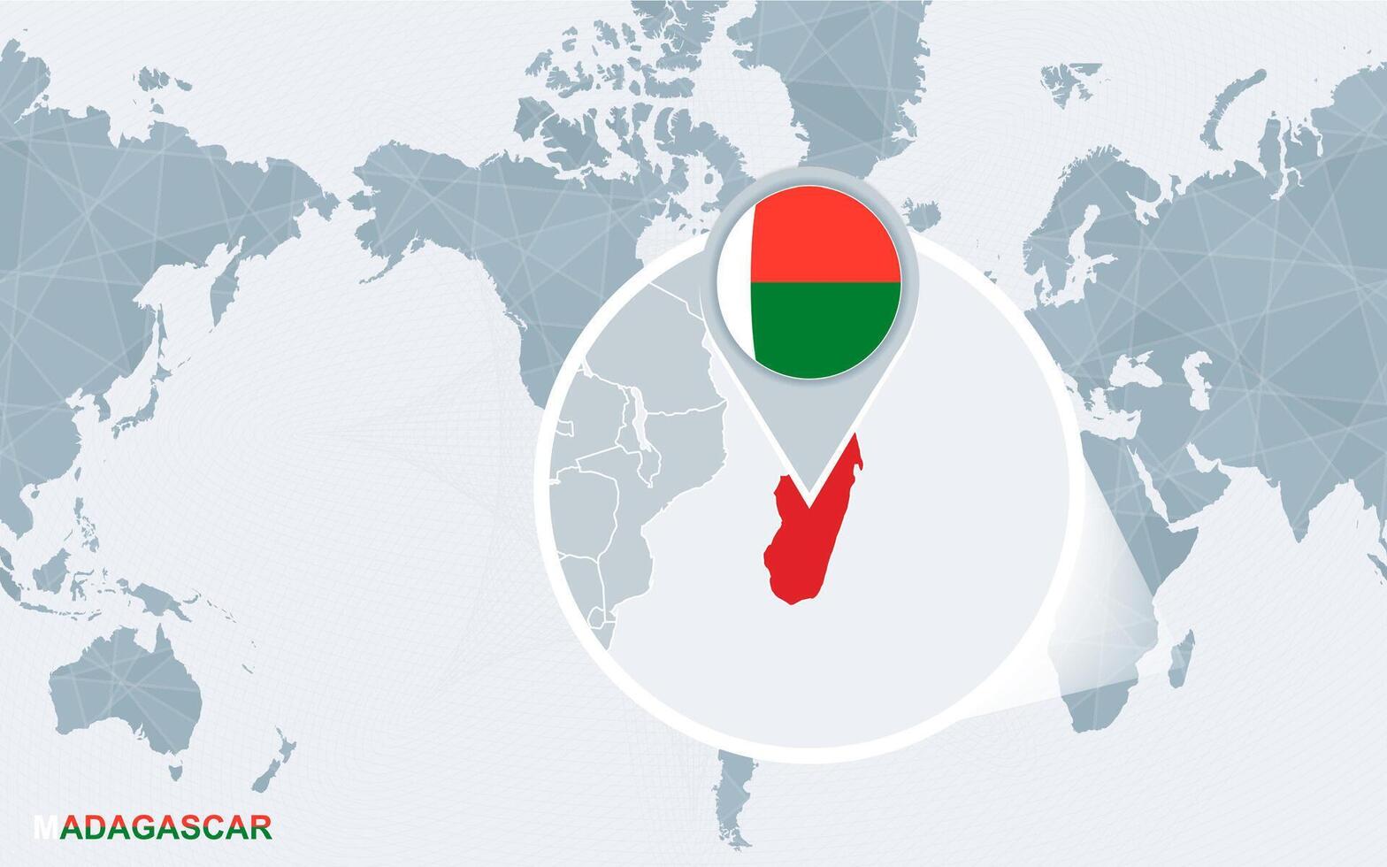 World map centered on America with magnified Madagascar. vector