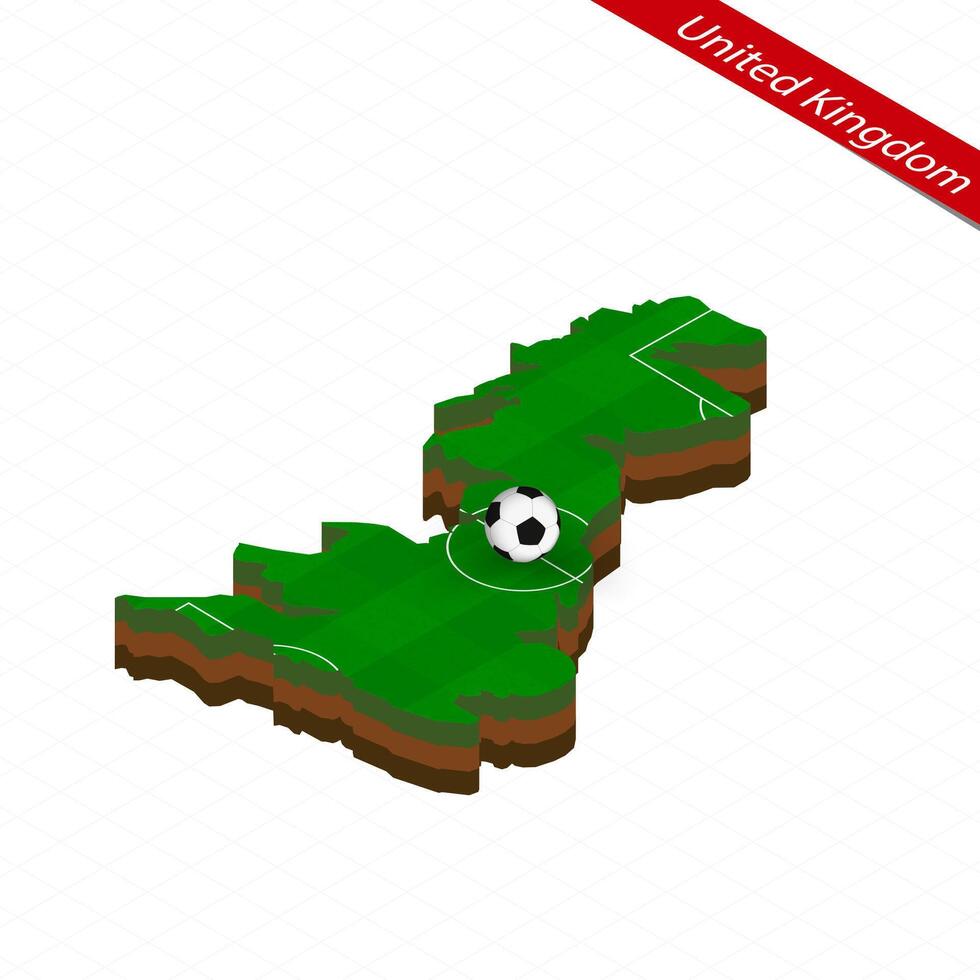 Isometric map of United Kingdom with soccer field. Football ball in center of football pitch. vector